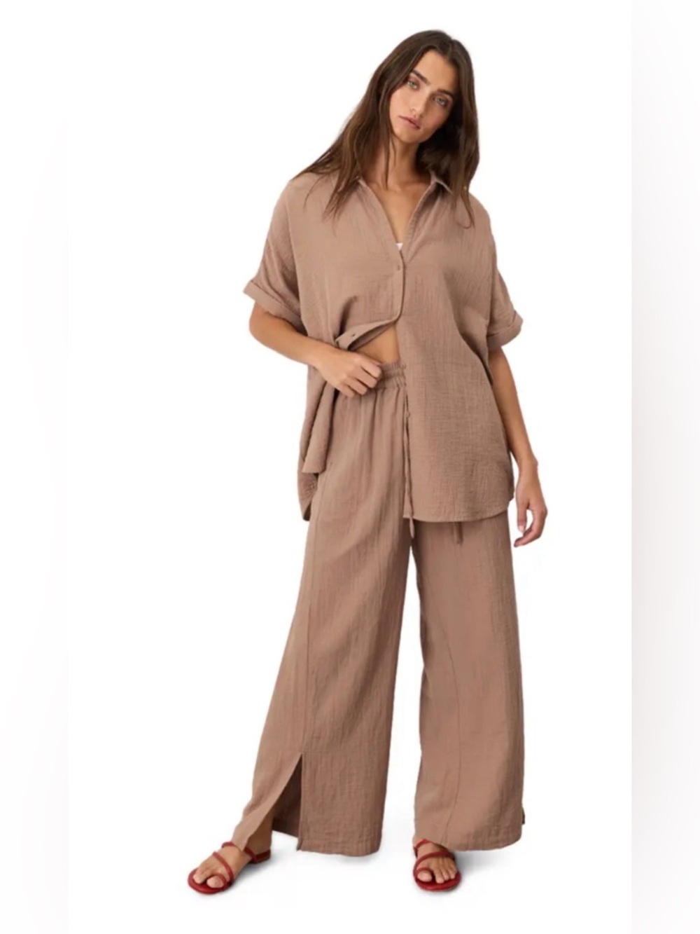 PACT Organic Cotton Gauze Lounge Set Tan Brown M Oversized Wide Leg